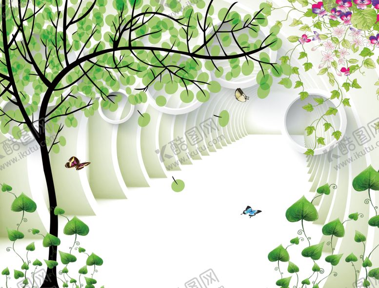 编号：50394309231614397970【酷图网】源文件下载-3D抽象树圆圈花藤背景墙