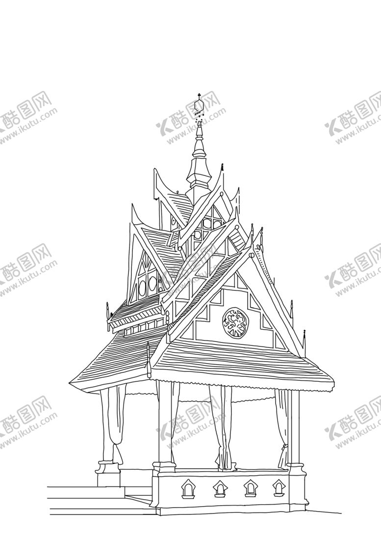 云南西双版纳建筑线稿手绘草图