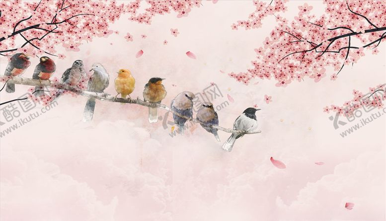 编号：48597505020723529673【酷图网】源文件下载-花鸟画梅花小鸟背景墙