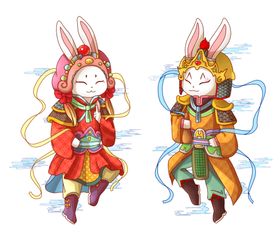 中秋兔子门神插画卡通合成素材