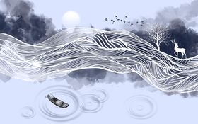 线条水墨山水画背景墙