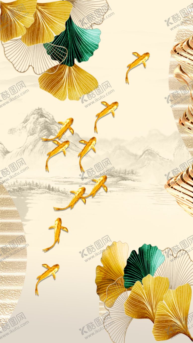 编号：81496310012246175692【酷图网】源文件下载-金色枫叶九鱼图玄关装饰画