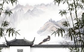 水墨山水竹子中式背景墙