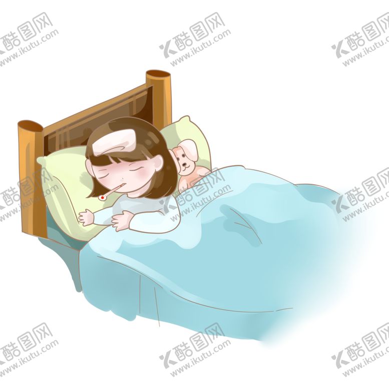 编号：19952410181248138703【酷图网】源文件下载-感冒生病发烧卧床不起的小女孩