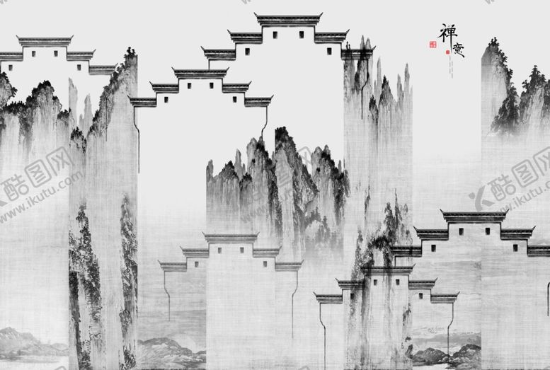 编号：60125205181057114057【酷图网】源文件下载-徽派建筑风格山水背景墙