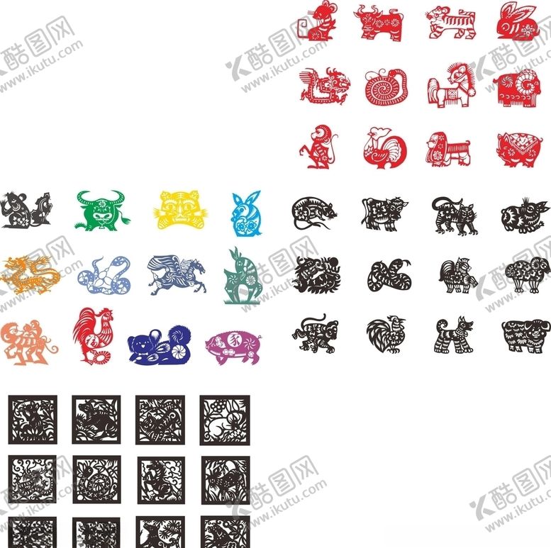 编号：62308310042155301467【酷图网】源文件下载-十二生肖剪纸矢量文件