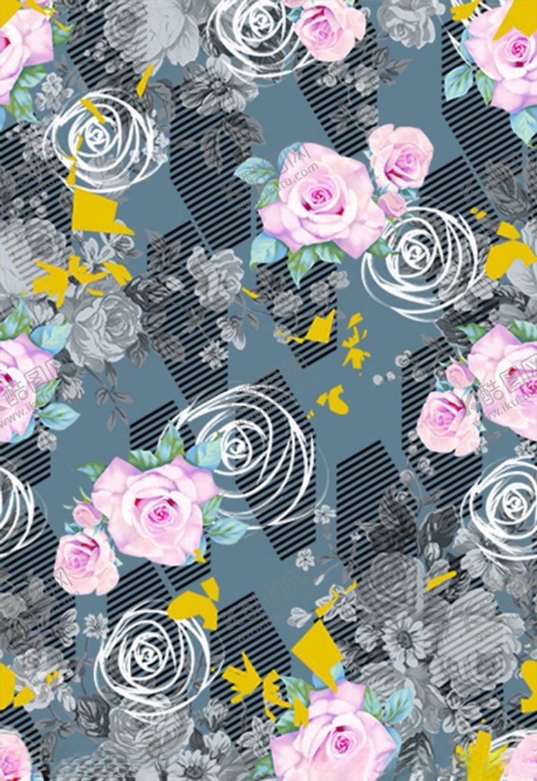 编号：53640606232311011045【酷图网】源文件下载-数码印花淡蓝灰白红花