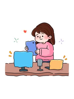 女孩惬意使用平板与电脑