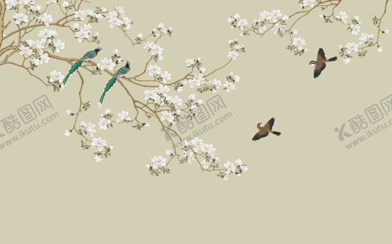 编号：26658306241459236692【酷图网】源文件下载-花鸟画手绘画鸟背景墙
