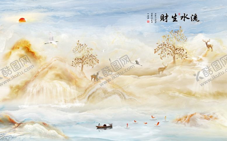 编号：79750810230936049294【酷图网】源文件下载-山水画鹿树小船背景墙