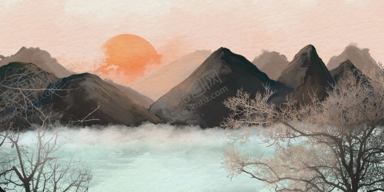 编号：91021102211423025740【酷图网】源文件下载-中国风水墨山水落日风景插画