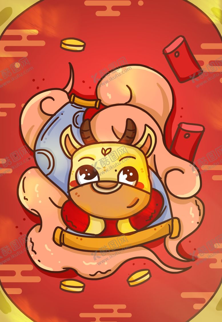 编号：76167209092345334450【酷图网】源文件下载-手绘风牛年坐在卷轴上的小牛