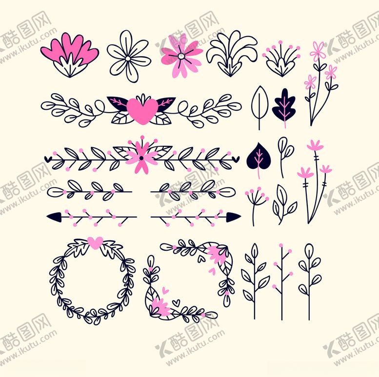 编号：98039804151412571045【酷图网】源文件下载-手绘花卉装饰元素集合