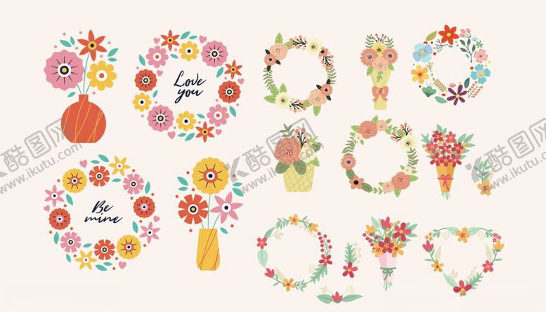 编号：85744204041810076065【酷图网】源文件下载-多彩手绘花环图案集合