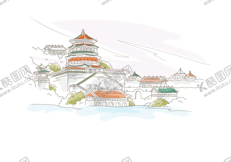 编号：44782312190230598174【酷图网】源文件下载-手绘中式建筑插画