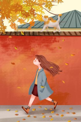 人物少女城墙插画卡通背景素材