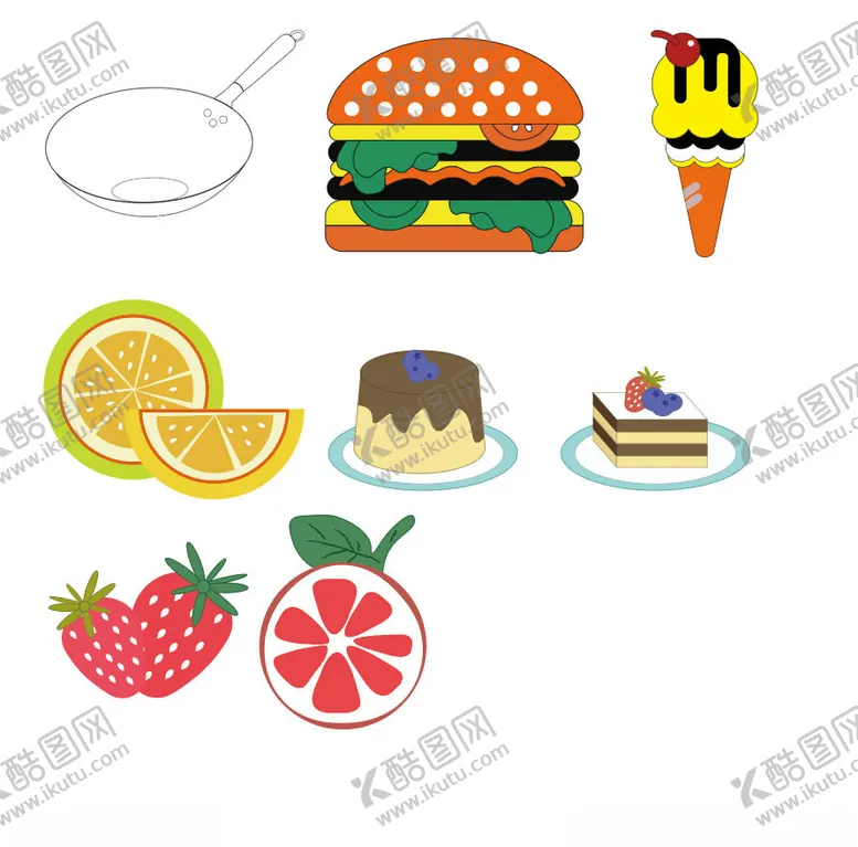 编号：96495702240051103394【酷图网】源文件下载-卡通蛋糕汉堡包冰淇淋水果
