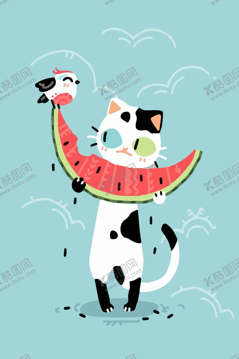 编号：91385501200608019679【酷图网】源文件下载-吃西瓜的小猫插画
