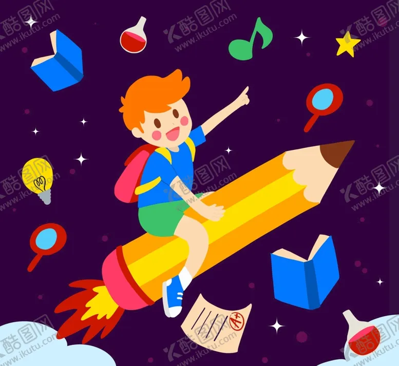 坐铅笔火箭的男孩高清图片试卷ai素材