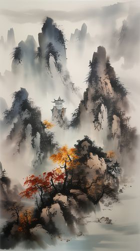 手绘复古写意画禅意水墨山水画