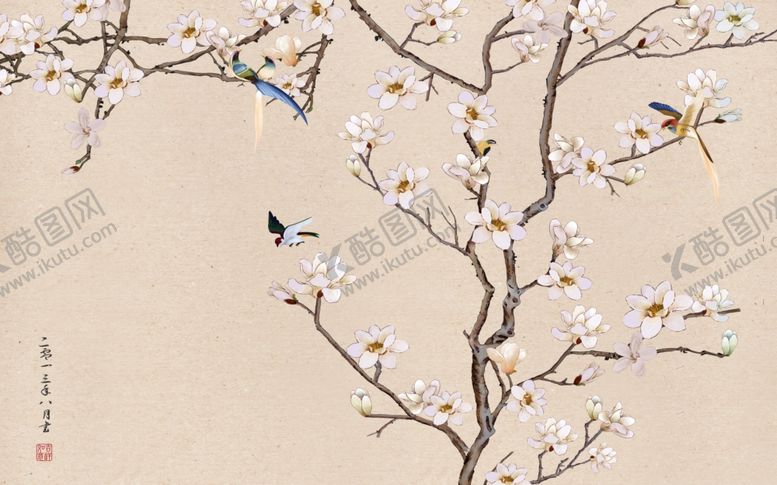 编号：84840910232143061187【酷图网】源文件下载-花鸟画玉兰背景墙