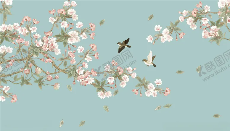 编号：56423504280528011137【酷图网】源文件下载-花鸟画飞鸟梅花背景墙