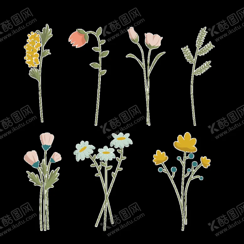 编号：50178909180340331584【酷图网】源文件下载-小花束鲜花多样简笔画漫画矢量