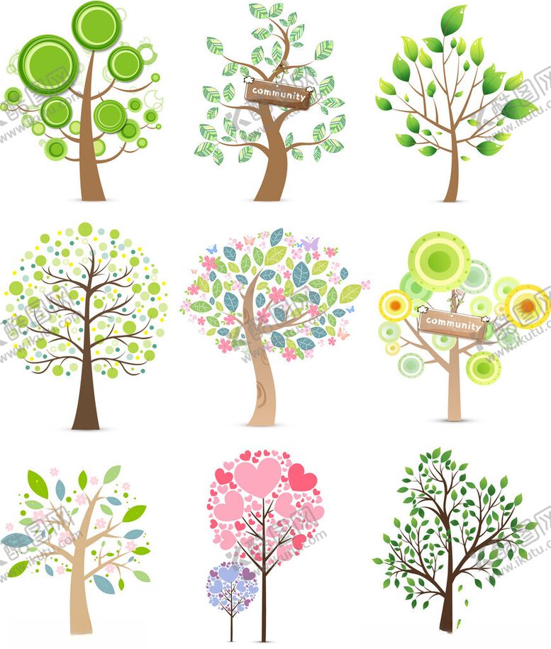 编号：74124404010805559552【酷图网】源文件下载-多彩卡通风格树木插画集