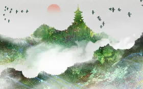 水墨山水海报背景画纸禅意新中式墙