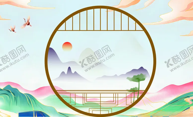 编号：17332702231244057713【酷图网】源文件下载-国潮古风山水门窗背景图