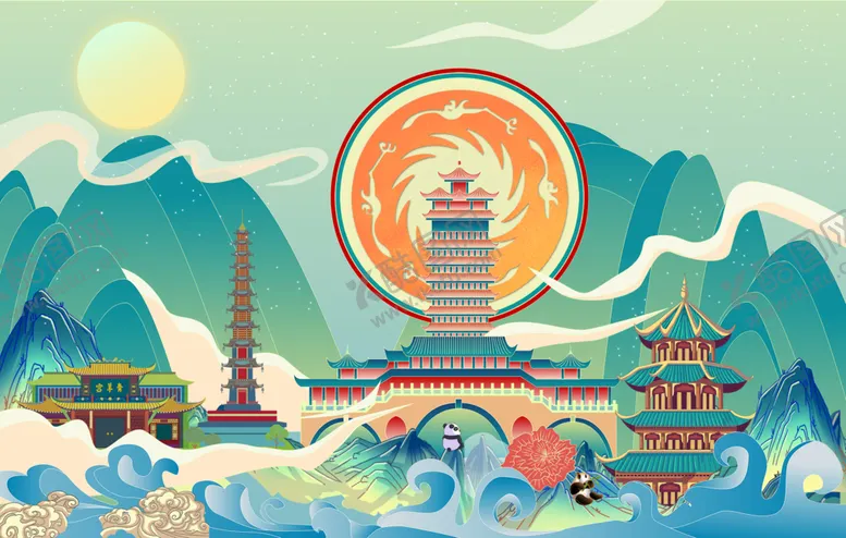 编号：98472609141325422483【酷图网】源文件下载-爱成都·迎大运·画说古迹九天楼祥云