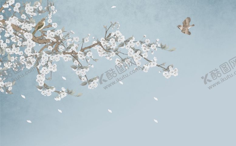 编号：90807507071856462869【酷图网】源文件下载-花鸟画手绘画鸟梅花背景墙