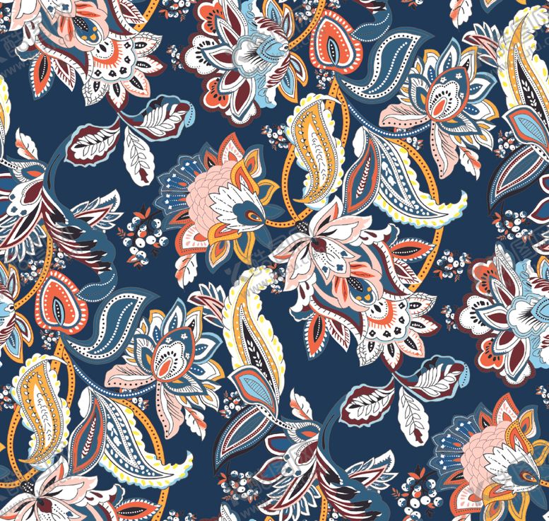 编号：47390611021137575617【酷图网】源文件下载-蓝色底花卉蝴蝶图案印花