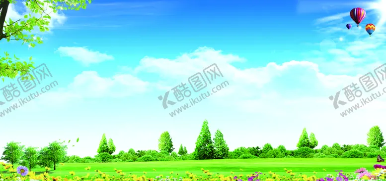 编号：48162709121930061803【酷图网】源文件下载-蓝天白云绿草地春天背景金色野花