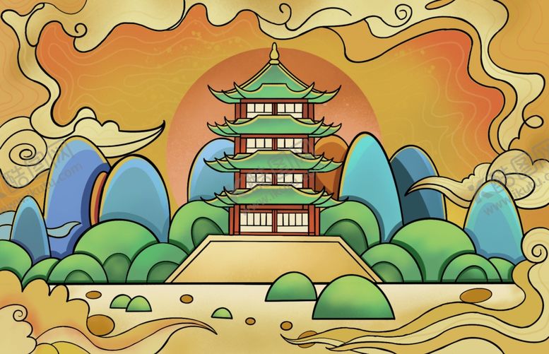 编号：51683606170218026724【酷图网】源文件下载-国潮建筑PSD分层插画