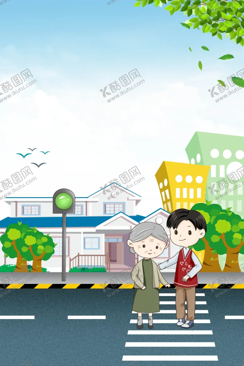 编号：91553409091631354742【酷图网】源文件下载-卡通扶奶奶过马路背景图