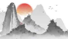 水墨山水古朴船墙纸喜庆