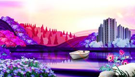 中国风景插画潮手绘潮宣传式山水