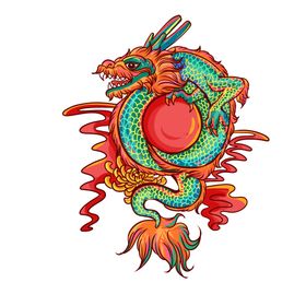 国潮风格青色龙爪子与红色祥云