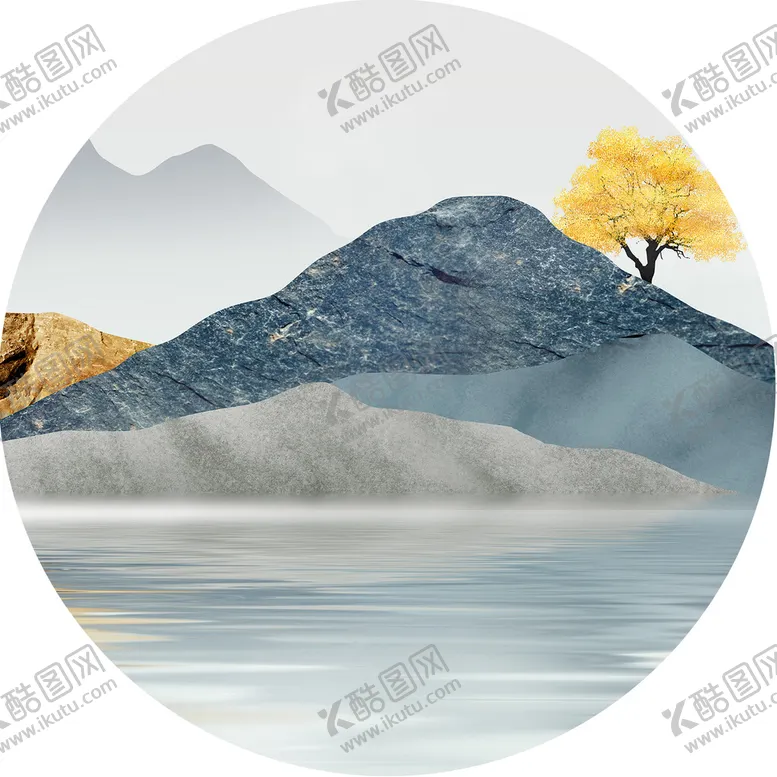 编号：62784509162206490346【酷图网】源文件下载-水墨山脉湖畔发财树挂画装饰画
