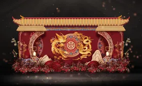 红色中式龙凤建筑花纹效果图