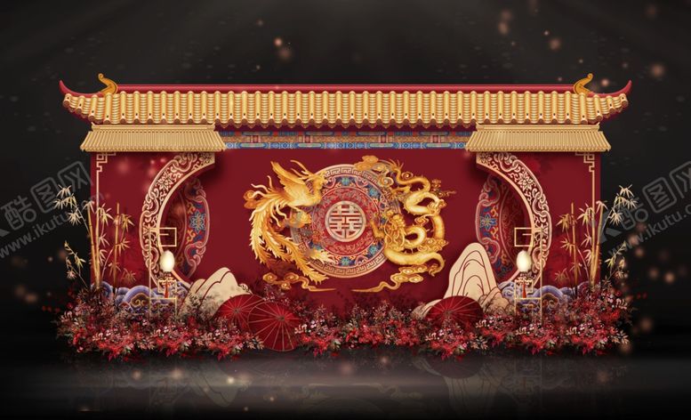 编号：11119809221119006509【酷图网】源文件下载-红色中式龙凤建筑花纹效果图