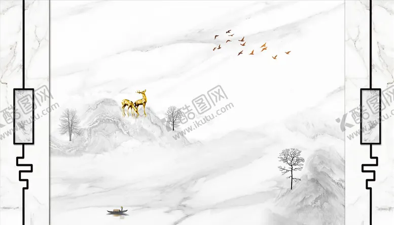 编号：21778403222309061547【酷图网】源文件下载-山水画大理石纹梅花鹿框框背景墙