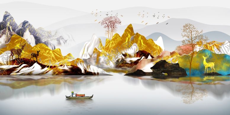 编号：95272809260142468305【酷图网】源文件下载-金色山水发财树现代装饰画