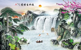 流水生财电视背景墙风景背景墙背景素材