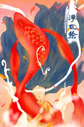 锦鲤浮世绘传统复古背景海报素材