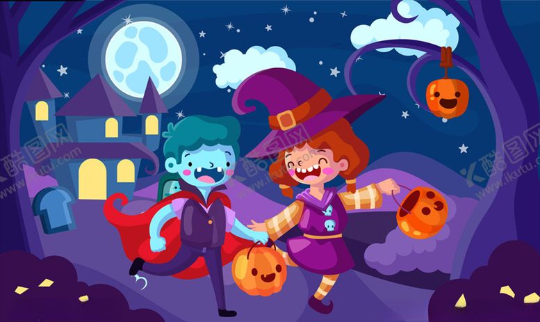 编号：95721910040118196834【酷图网】源文件下载-卡通万圣节夜晚儿童