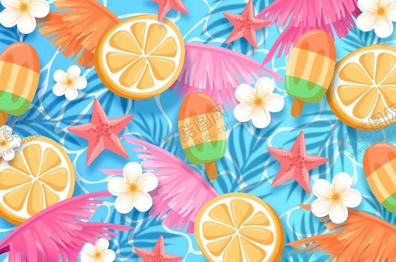 编号：14276004041301395778【酷图网】源文件下载-夏日缤纷水果沙滩装饰图
