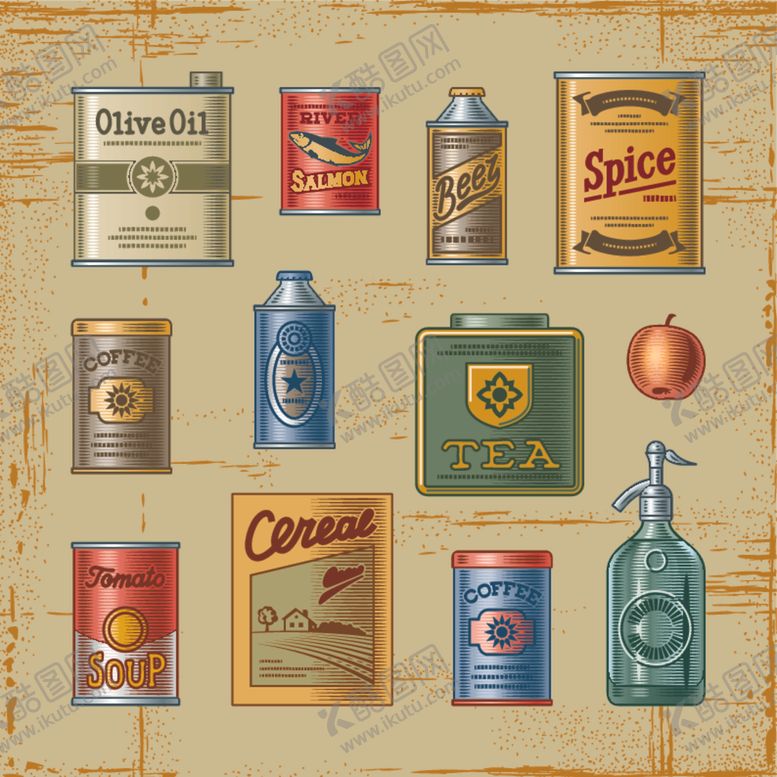 编号：96925111010720016573【酷图网】源文件下载-瓶罐日常用品复古设计卡通素材