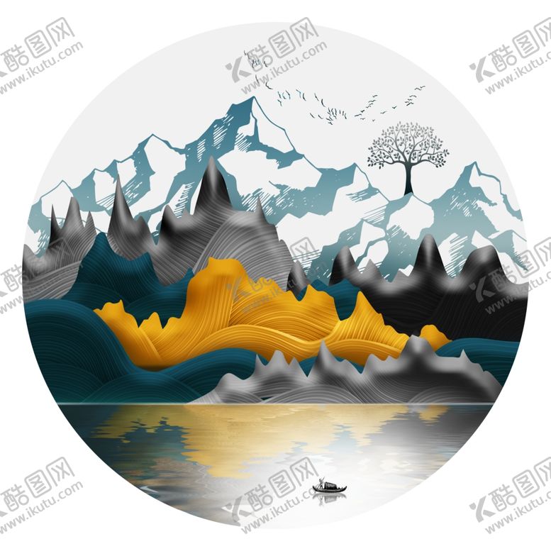 编号：25978410231808372611【酷图网】源文件下载-新中式抽象山水圆形装饰画